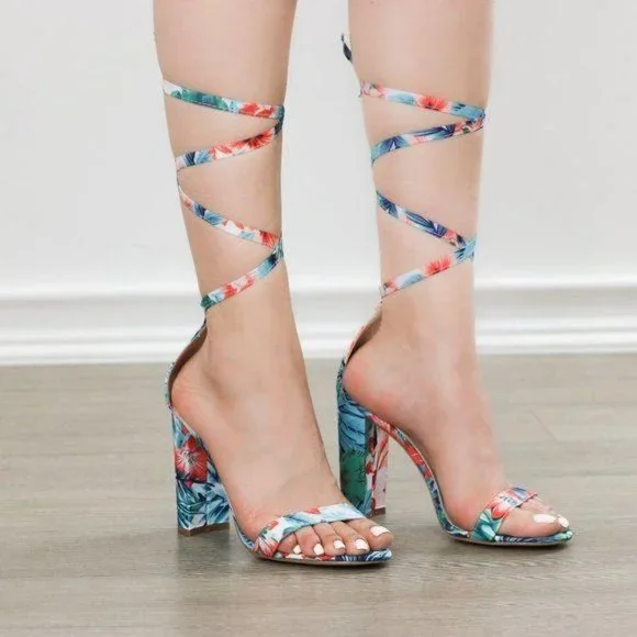 Blue Floral Laced-up Leg Tie, Ankle Strap High Heels Sandals - Picture 2 of 8